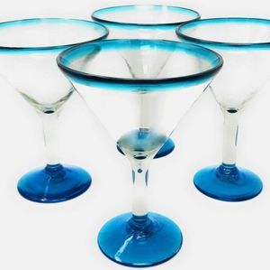 Hand Blown Mexican Martini Margarita 2 Glasses Aqua Rim Collectible Artisan Copy